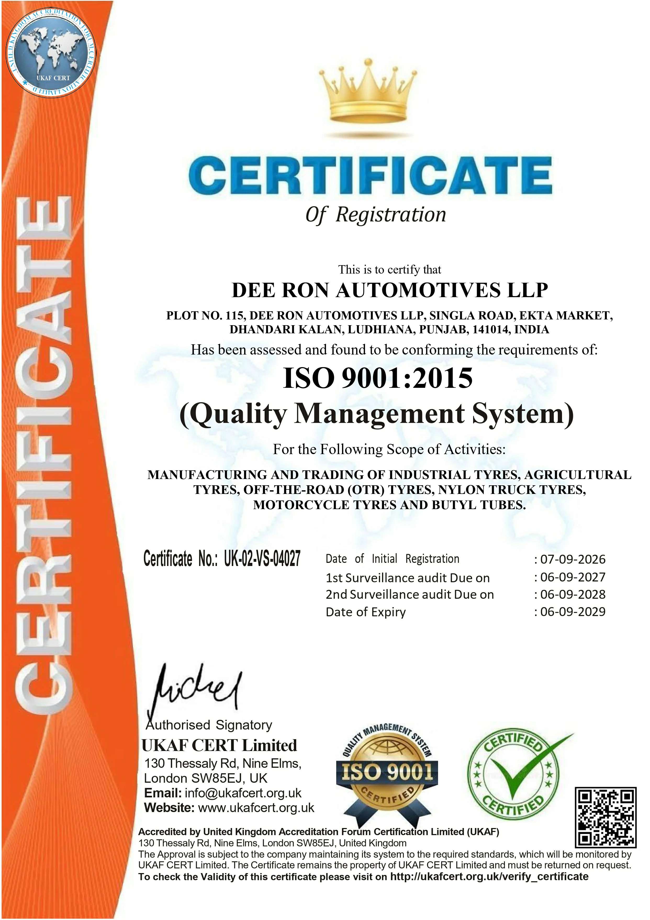 ISO 9001 OF UK DEE RON AUTOMOTIVES LLP
